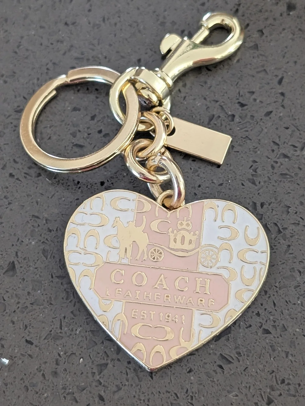 Coach Heart Logo Keyring - Pink & White Enamel with Gold-Tone Hardware Nwot